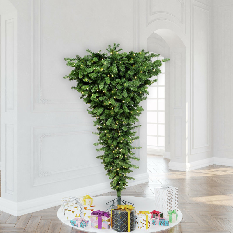 Upside Down Artificial Christmas Tree with LED Warm White Lights with Stand, Green, 7.5'