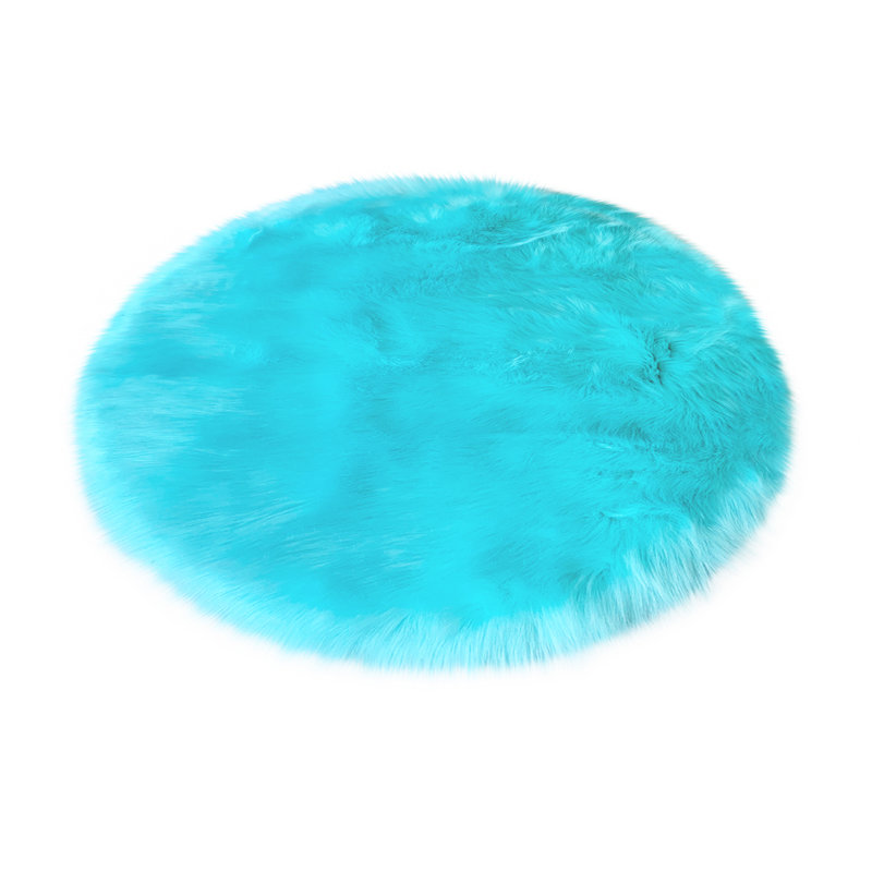 Tapis rond en fausse peau de mouton de couleur unie tissé à la machine en bleu, Rond 4 pi 6 po