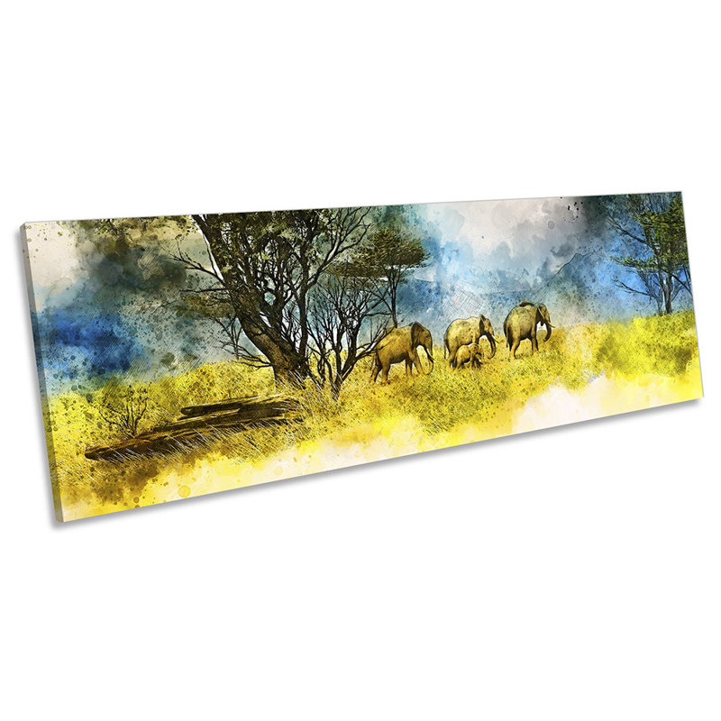 African Elephants Safari Panoramic - Wrapped Canvas Painting, 30.48cm H x 91.44cm W x 2cm D