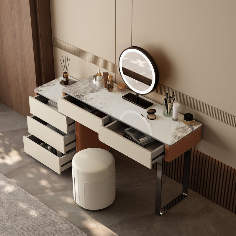 Ensemble de coiffeuse moderne avec miroir et tabouret à DEL, ensemble de bureau de maquillage en cuir de selle, acier inoxydable, panneau de roche, tiroirs de rangement pour la coiffeuse de la chambre à coucher