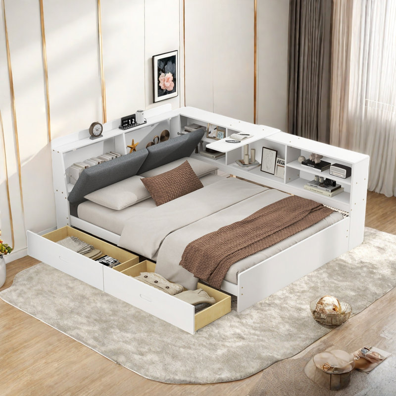 Lit de jour avec 2 tiroirs, tablettes de rangement, tête de lit tapissier et plateau de rangement rotatif, Blanc / Gris