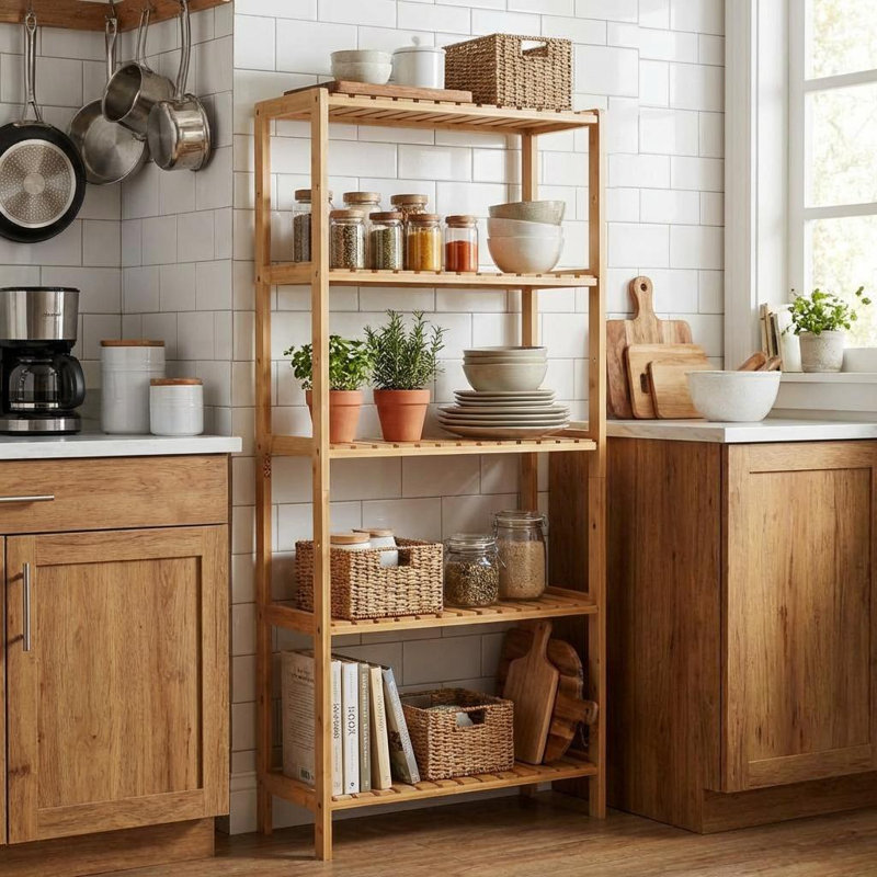 Tablette à 5 niveaux en bambou - Support étroit pour plante étroite avec tablettes à lattes, support de rangement en bois naturel pour salle de bain, salon, cuisine, chambre à coucher