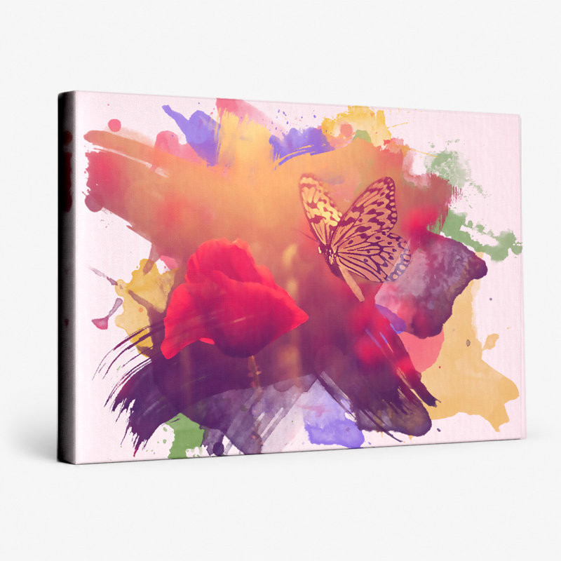 Papillon et roses rouges - art mural sur toile paysage, 36" W x 24" H