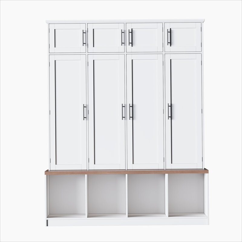 Farmhouse Hall Tree With 4 Hidden Hanging Hooks, Seating Bench, Storage Cabinet And Open Compartment, White