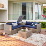 Ensemble modulaire d'extérieur en osier 4 pièces avec coussins bleus PE