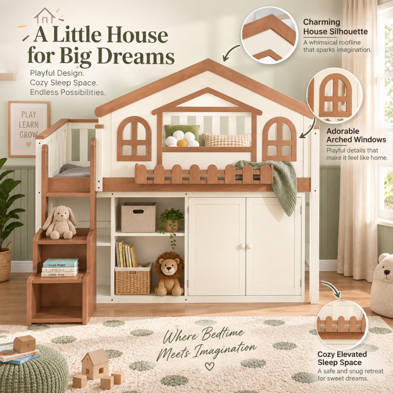 Lit mezzanine enfant en forme de maison Benedict avec escalier de rangement, armoire et étagère ouverte, cadre de lit mezzanine en bois robuste avec rangement multifonctionnel et peu encombrant pour enfants