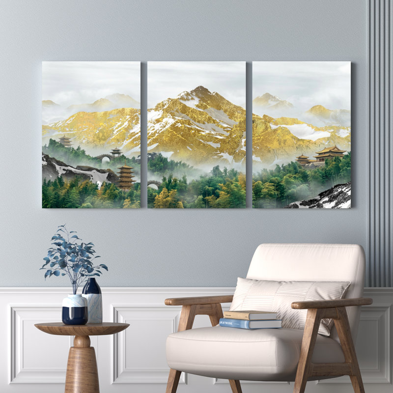 Ensemble de 3 tableaux sur toile représentant un paysage de montagne avec pagodes et reflets, 1218