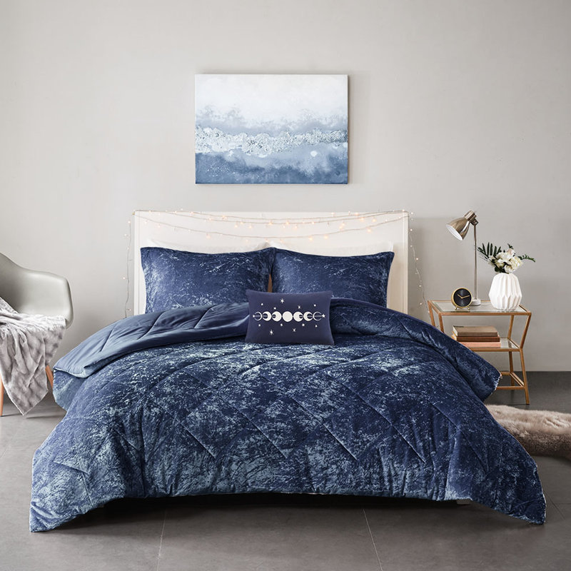 Literie en velours bleu marine luxueux pour lit simple / simple TG - rembourrage, rembourrage d'édredon en diamant et taie d'oreiller, coussin