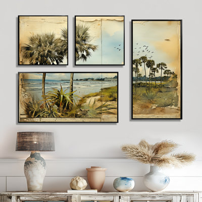 Vintage Florida Collage Palm Trees And Beach IV - Florida Large Wall Art 4 Pieces