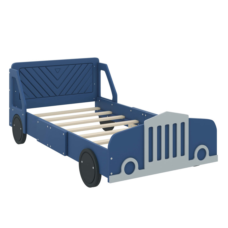 Lit plateforme en forme de voiture avec accents de roue, Lit simple, Bleu