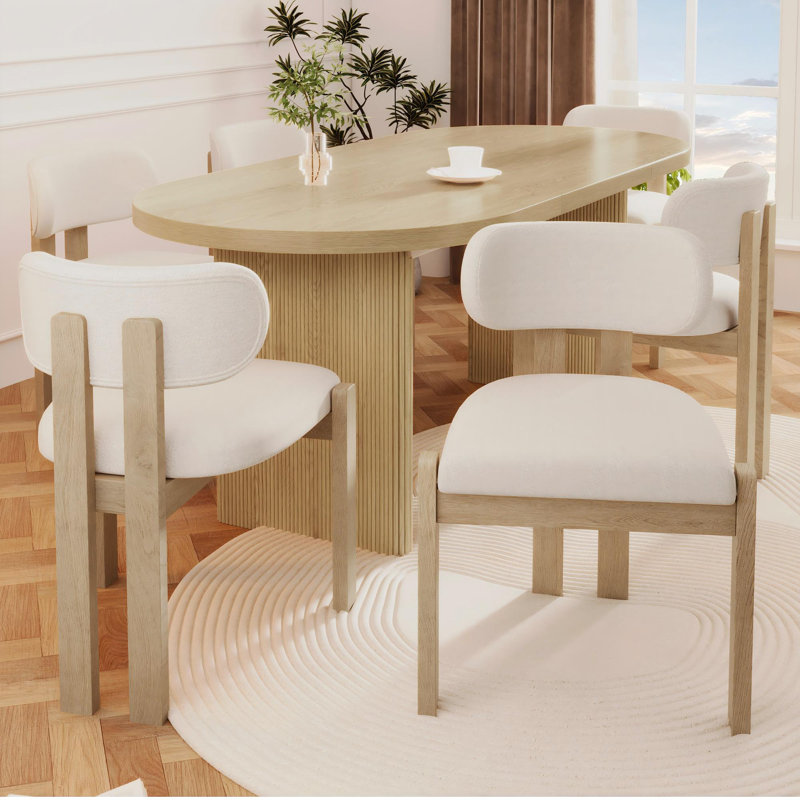 Boucle Upholstered Side Chair in Beige, 6, Natural Wood
