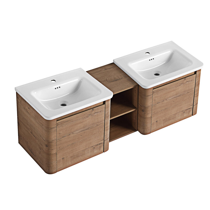 Meuble-lavabo mural avec lavabo en céramique et tablettes de rangement, 60"