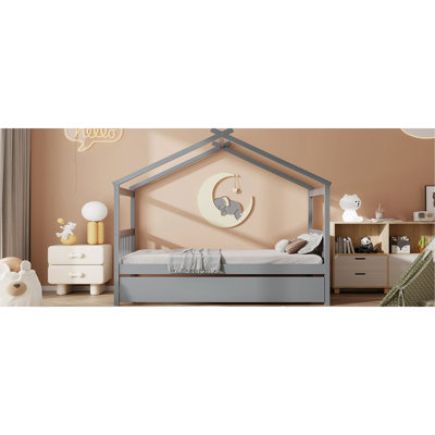 Lit simple gris avec lit gigogne et pieds en pin massif