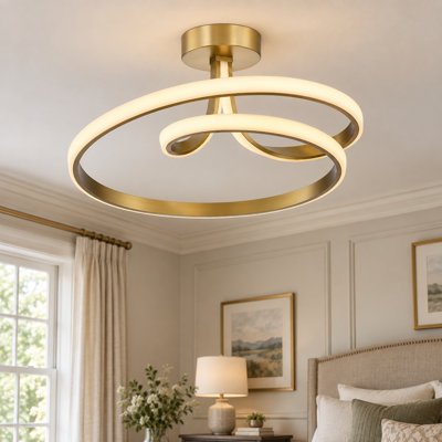23.5" Led Simple Geometric Semi-flush Mount Ceiling Light In Brushed Gold Finish For Bathroom, Kitchen Island, And Living Room