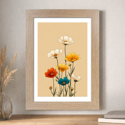 Scandinavian Botanical Wall Art Home Decor, Giclee Art Print of Six Wildflower Arrangement in Warm Beige and Teal, Minimal Nordic Design 1 Piece Wall Art