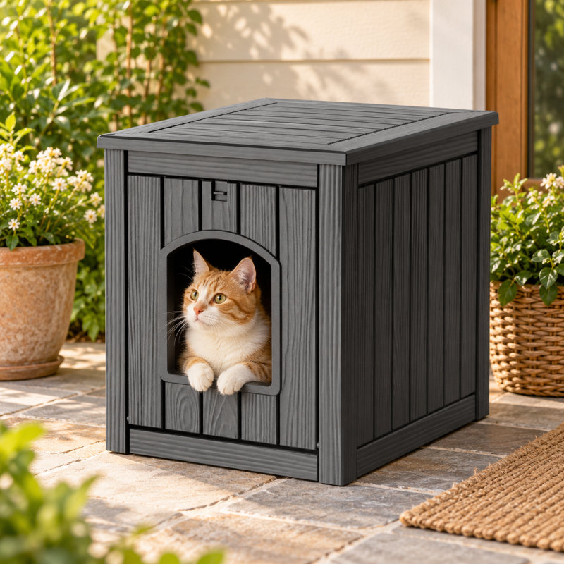 Maison pour chat en résine étanche de 54,5 cm de hauteur, avec bac à litière intégré pour usage intérieur et extérieur., Noir