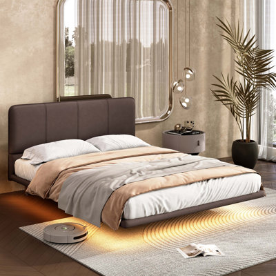 Structure de lit flottante avec lumière DEL, lit plateforme en cuir PU moderne, aucun sommier requis, assembler 