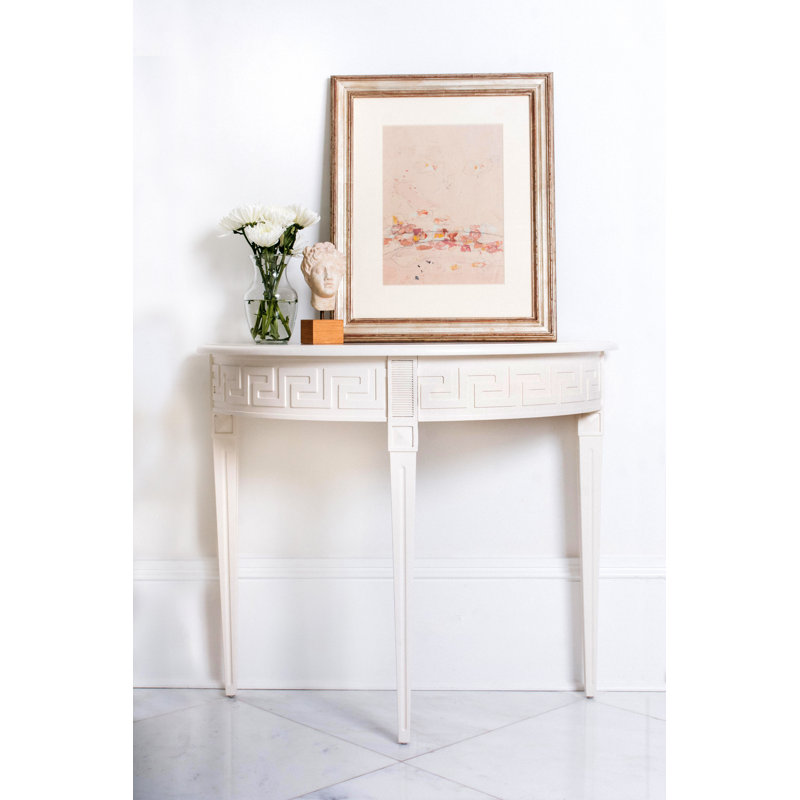 Athena Ivory Mango Wood Demilune Console Table with Greek Key Detail