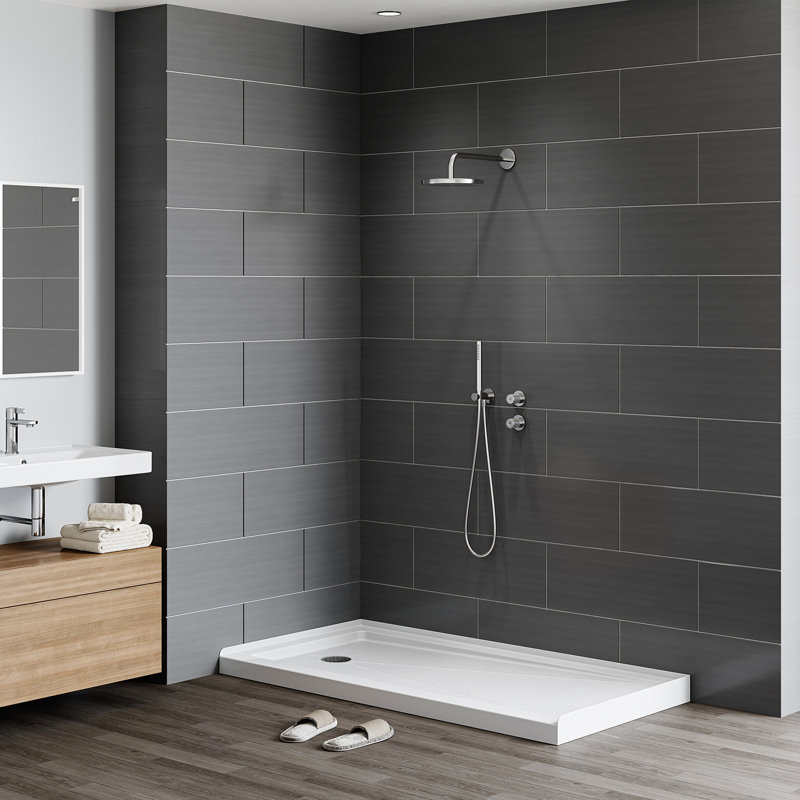 60" W X 30" D Non-slip Shower Base With Matte Black Drain Assembly, Wider Threshold Design, Left, Matte Black