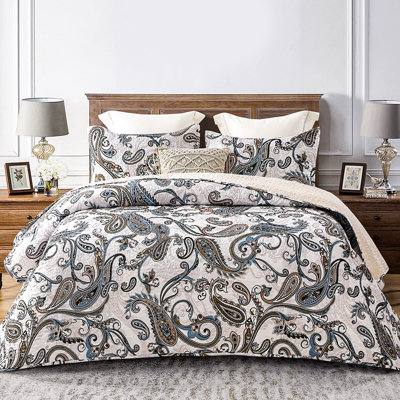 Reversible Printed Quilts Queen Size, Extra Soft Boho Paisley Floral Bedspreads For Bed Lightweight Full Queen Quilt Bedding Set Coverlets With 2 Pillow Shams For All Seasons, Bone Grey