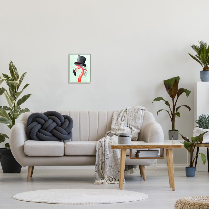 Flamingo with Top Hat Animal Print on Canvas in Gray Frame