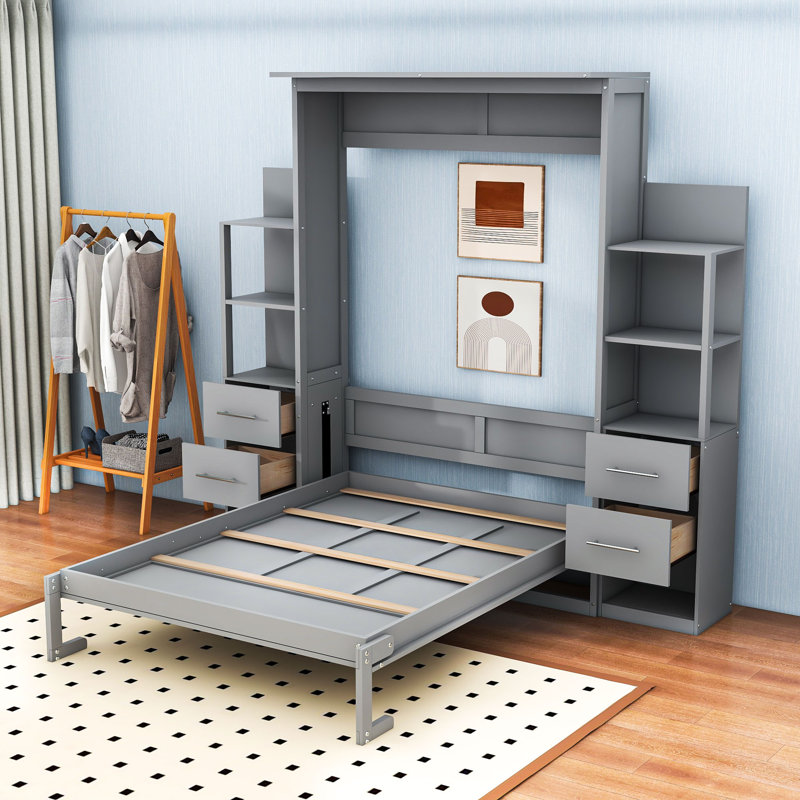 Lit escamotable en bois avec tiroirs intégrés, tablettes et éclairage DEL, Gris, Double
