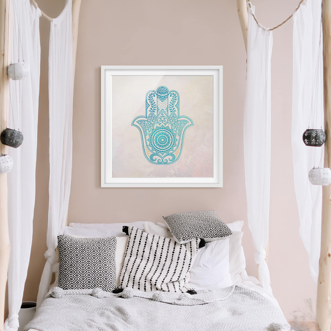 Gerahmtes Plakat-Hamsa-Handillustrations-Mandala-Goldblau