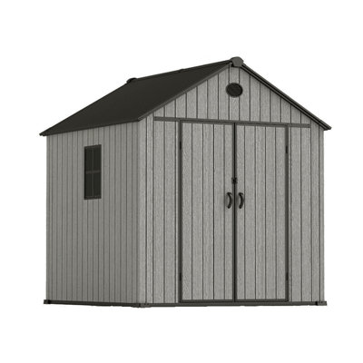 Gray wood-grain pointed-roof plastic tool shed