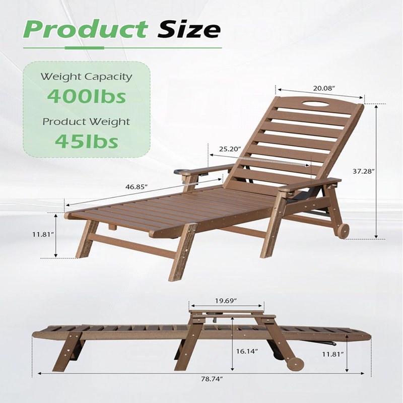 Patio Lounge Chair Outdoor, HDPE Chaise with Reclining Backrest for Poolside Sunbathing and Tanning, Durable and Comfortable