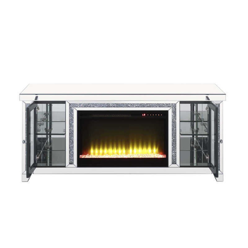 Meuble télé de 59 po avec foyer et DEL, miroir et faux diamants Noralie