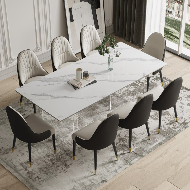 Ensemble de table de salle à manger en pierre frittée 70,86 po avec 8 chaises en cuir Foclia, Blanc flocon de neige