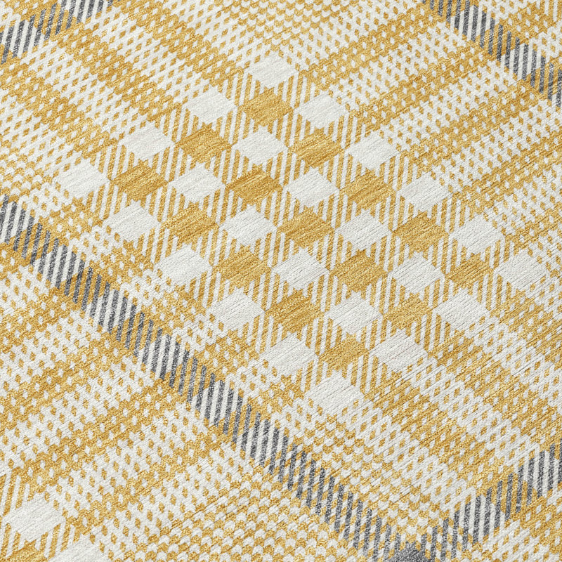 Gold Plaid Pattern Washable Synthetic Indoor/Outdoor Rug