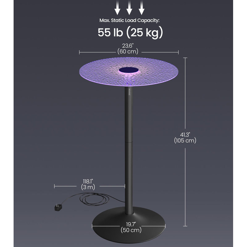Bar Table, Round Cocktail Table with Multi-Coloured Lights and Glass Top, Large Steel Base