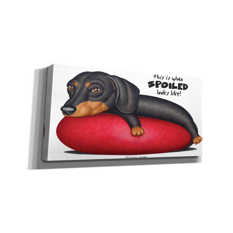 «Black Dachshund on Red Cushion» par Danny Gordon, reproduction d'art sur toile, H 12 po x l 24 po x P 0,75 po