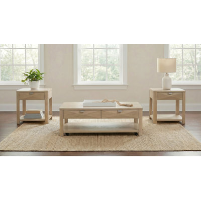 Vories 3-Piece Coffee Table and 2 End Tables Set with Geometric Veneer Fronts, Light Elm