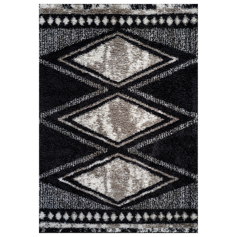 Geometric Grid Pattern Shag Rug – Anthracite Dark Gray – Medium Pile, Soft & Durable, Rectangle 7'10" x 10'