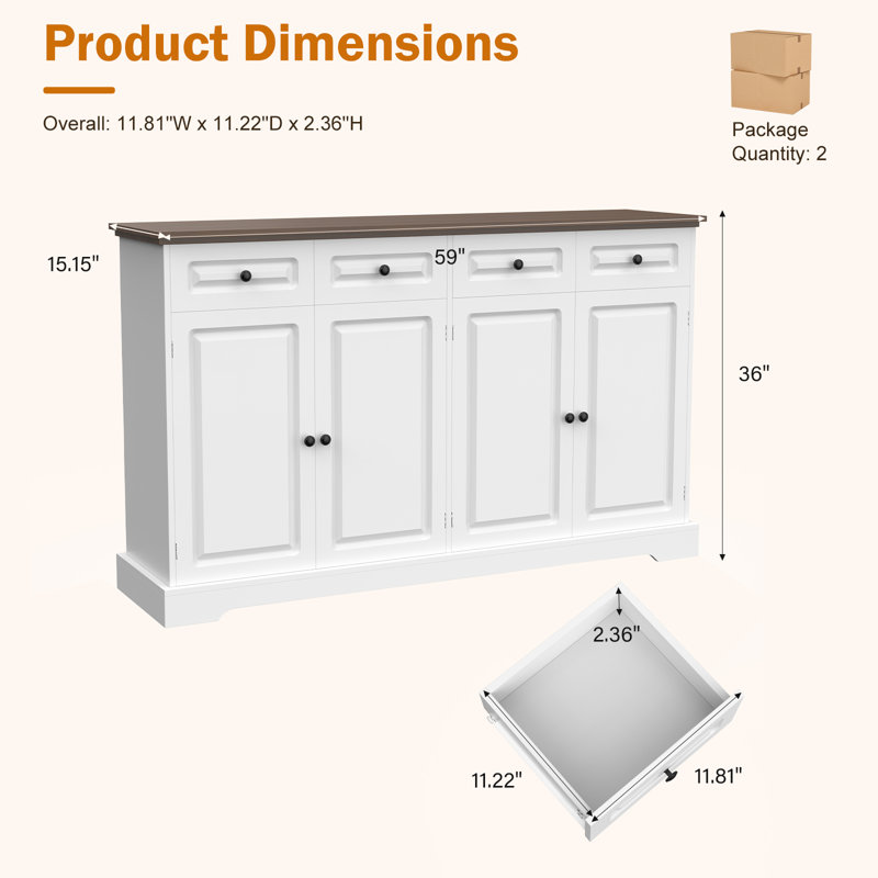 Buffet 59 "avec tiroirs et portes, armoire de rangement avec tablettes pour la cuisine et le salon