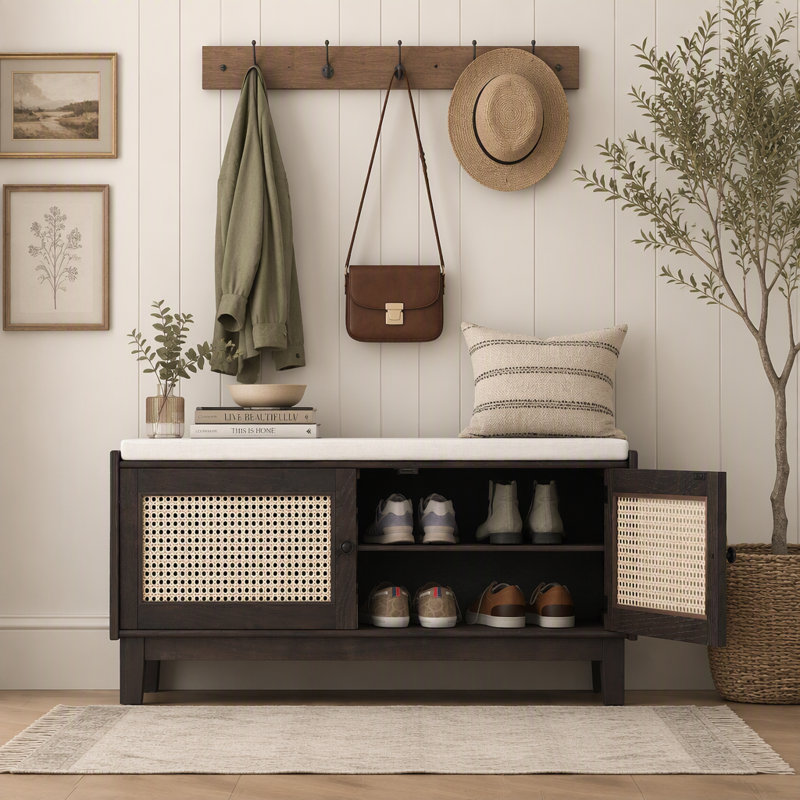 Banc d'entrée en rotin avec rangement Boho, banc à chaussures rembourré avec portes doubles, rangement en bois