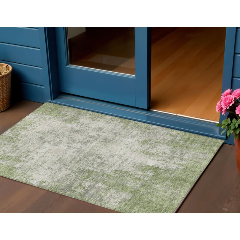 3' X 5' Green And Ivory Abstract Washable Indoor Outdoor Area Rug
