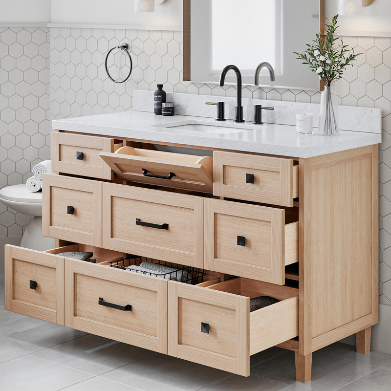ARIEL Monroe 54 Single Sink Bathroom Vanity with Carrara Quartz Top, Oak, Carrara White Marble, 61"