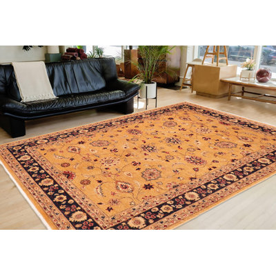 Tapis oriental doré / bleu en laine noué à la main 6 pi x 8 pi 10 po Baccio