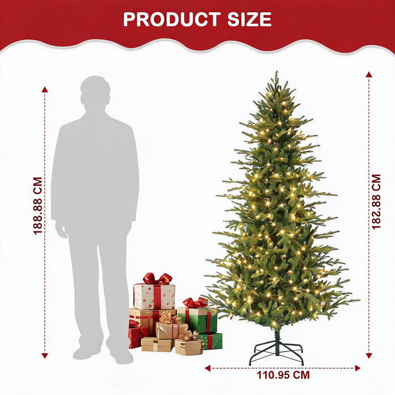 Pre-Lit Artificial Christmas Tree, Hinged Design - Warm White & Multicolor LED Lights, 8 Modes, Twinkle Effect, Sturdy Metal Base, Easy Assembly -  152.4 cm/182.88 cm