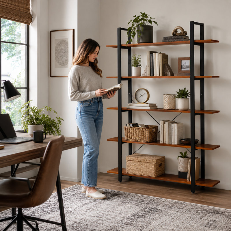 Sherlyn Solid Wood Bookshelf, (5 Shelves) 70" H x 48" W x 12" D