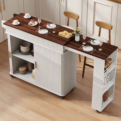 Îlot de cuisine extensible de 185 cm (73 po) sur roulettes avec porte coulissante à tambour, étagères de rangement et porte-serviettes