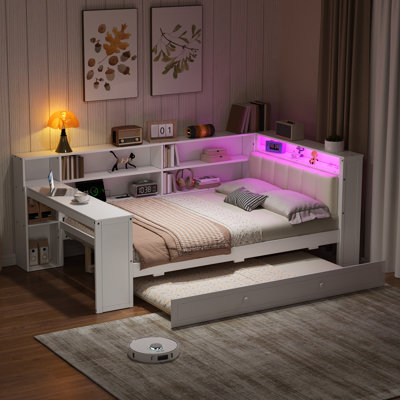 Daybed With Shelves, Trundle, Charging Station, Led, Desk And Upholstered Headboard by Wrought Studio