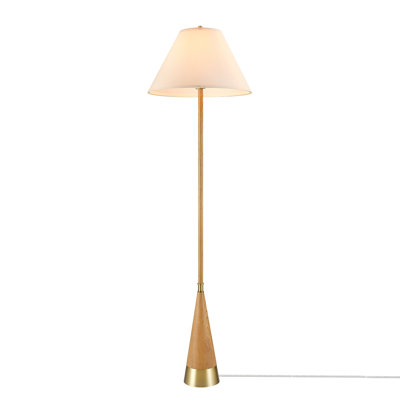 Eloise 63" Wood Toned Floor Lamp with Matte Brass Plated Accent and White Tapered Fabric Shade