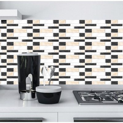 Crystal PVC Peel Stick Mosaic Tile Backsplash, Modern Waterproof Dorm Kitchen Bathroom Wall Decor, Black White Beige Marble（12PCS）