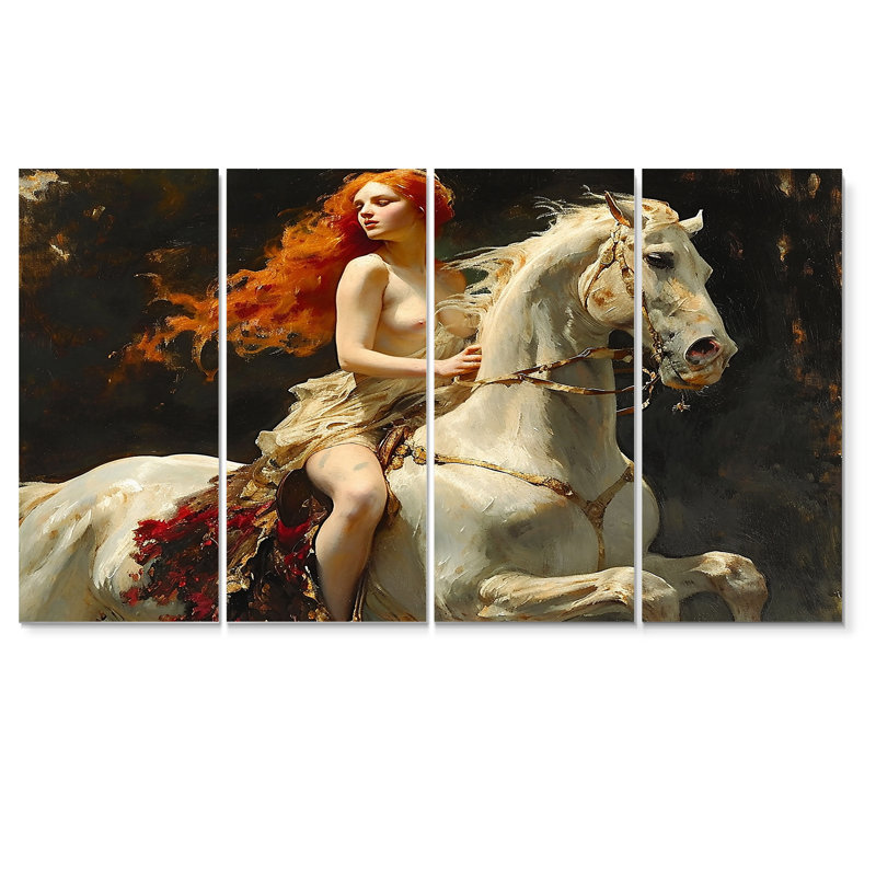 «Wild Lady Godiva On White Horse - Modern Woman», art mural sur toile 4 pièces, H 28 po x l 48 po