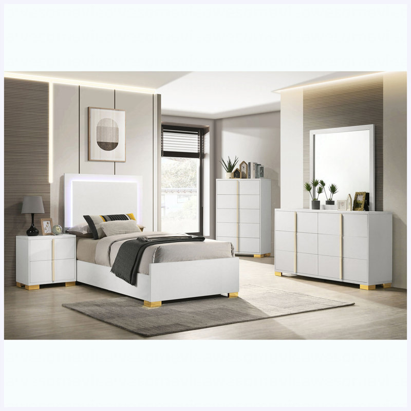 Ensemble de chambre à coucher simple 5 pièces White, White, 5 Pcs: Bed, Nightstand, 2 Dressers, Mirror, Twin