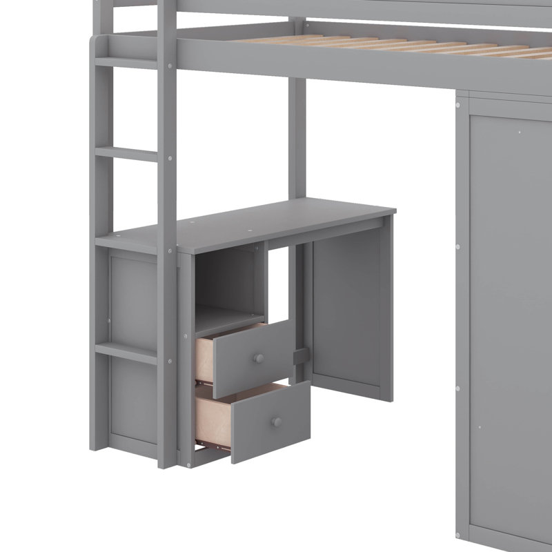Lit mezzanine en bois avec placards, bureau à 2 tiroirs et armoire, Lit simple, Gris